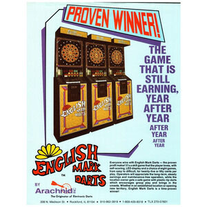 1984 English Mark Darts Arcade Game Flyer Arachid Rockford IL Vintage